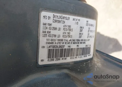 1999 Jeep Cherokee Classic/Sport из США, поврежденный, VIN 1J4FF68S3XL606297